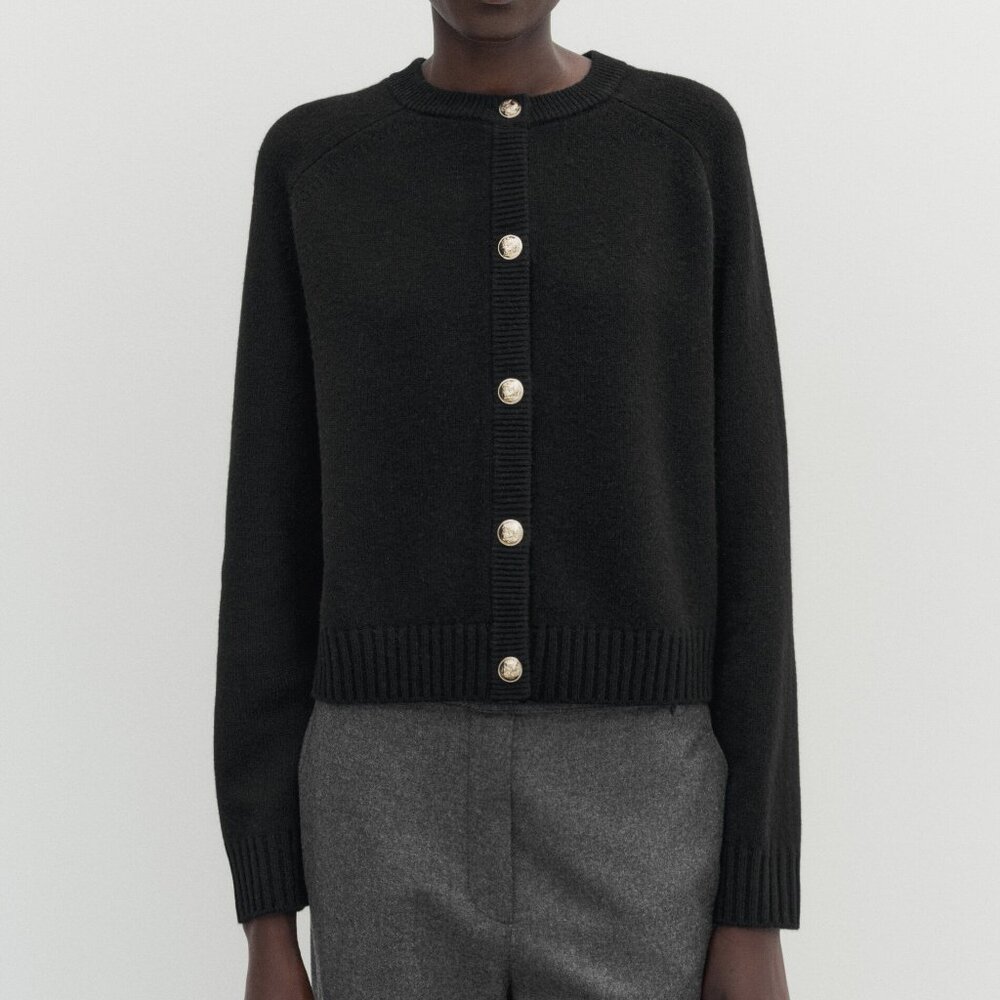 Massimo Dutti Black 100% Wool Knit Cardigan with Gold Buttons